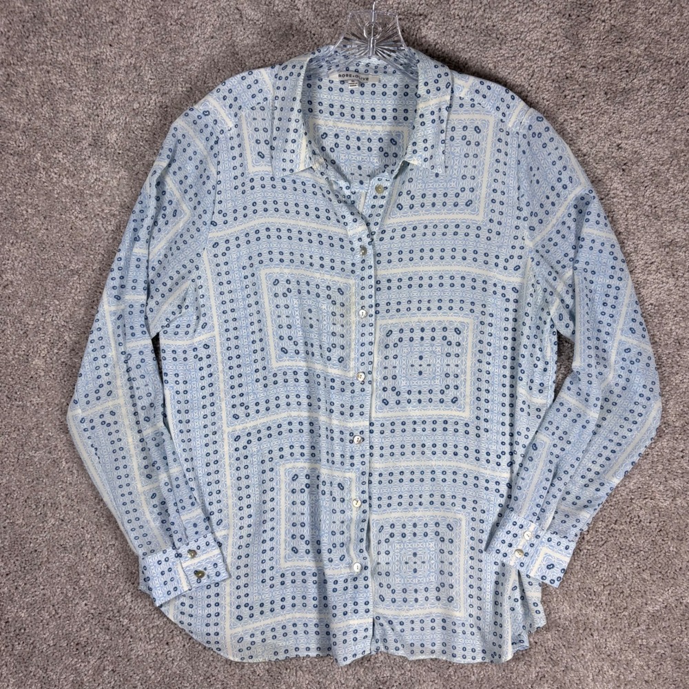 ROSE OLIVE Womens XL Blue White Geometric Print Button Down Long‎ Sleeve Shirt